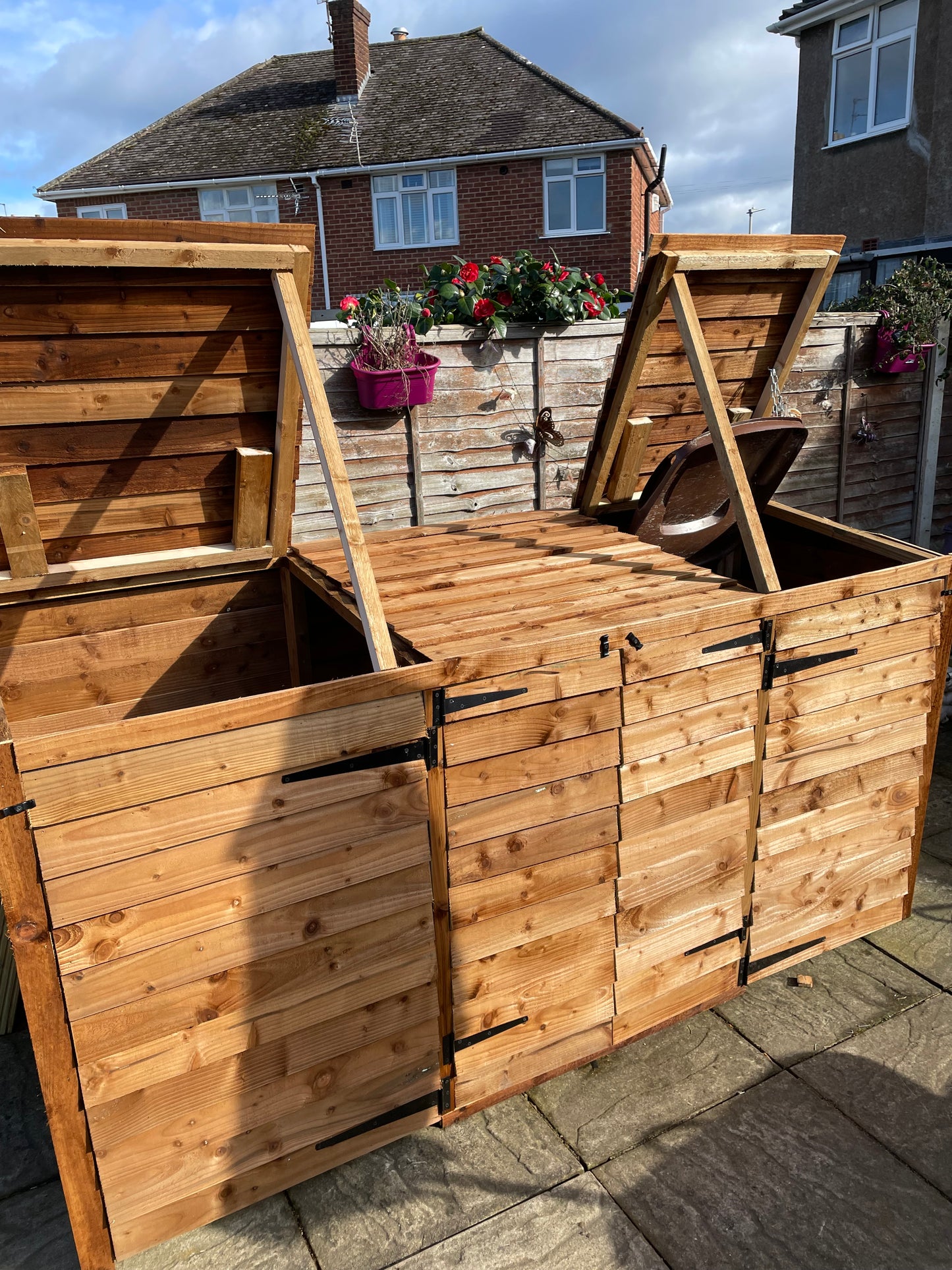 Double wheelie bin and 4 recycling box storage / triple bin