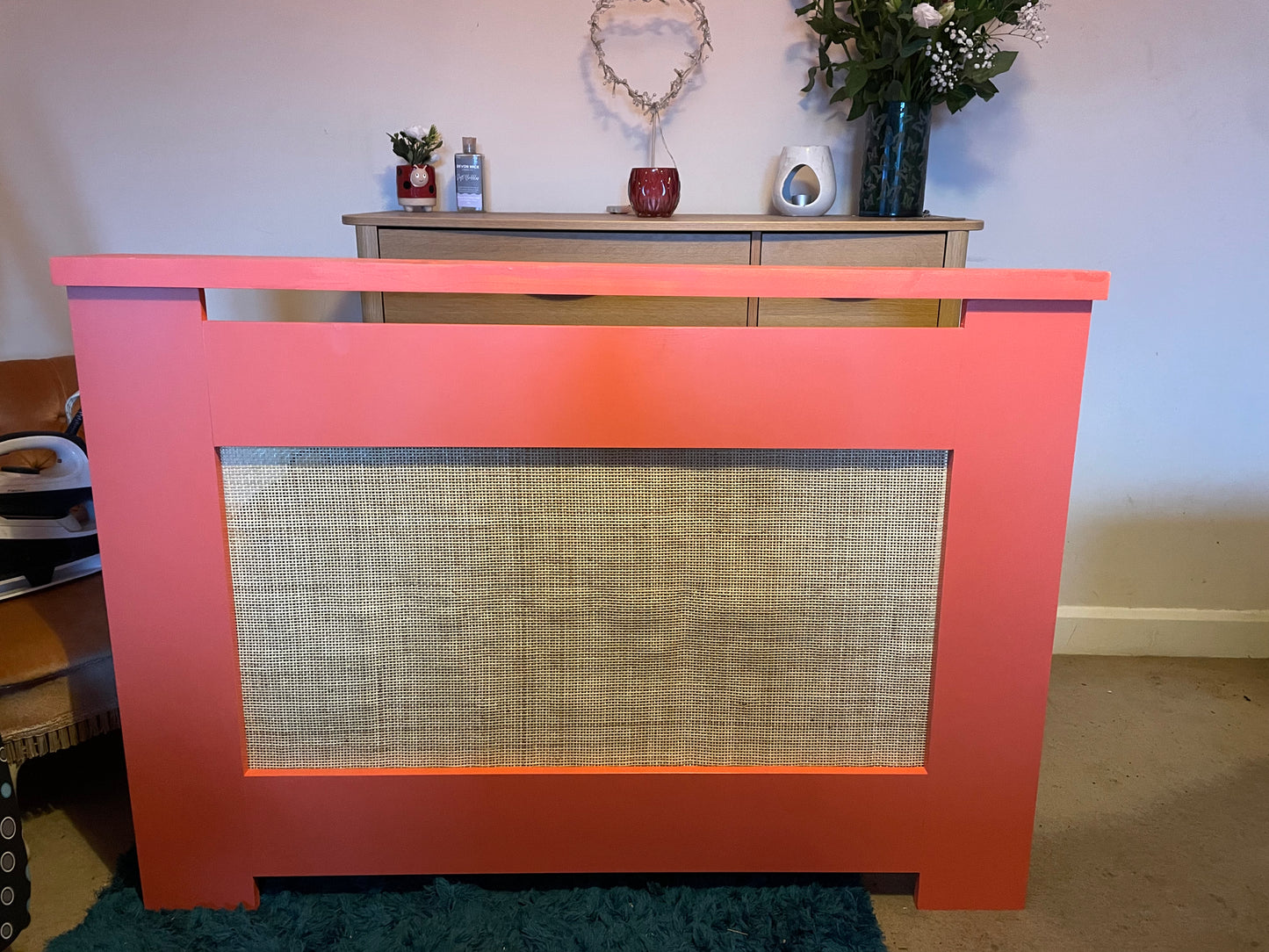 Painted radiator cover with rattan panels