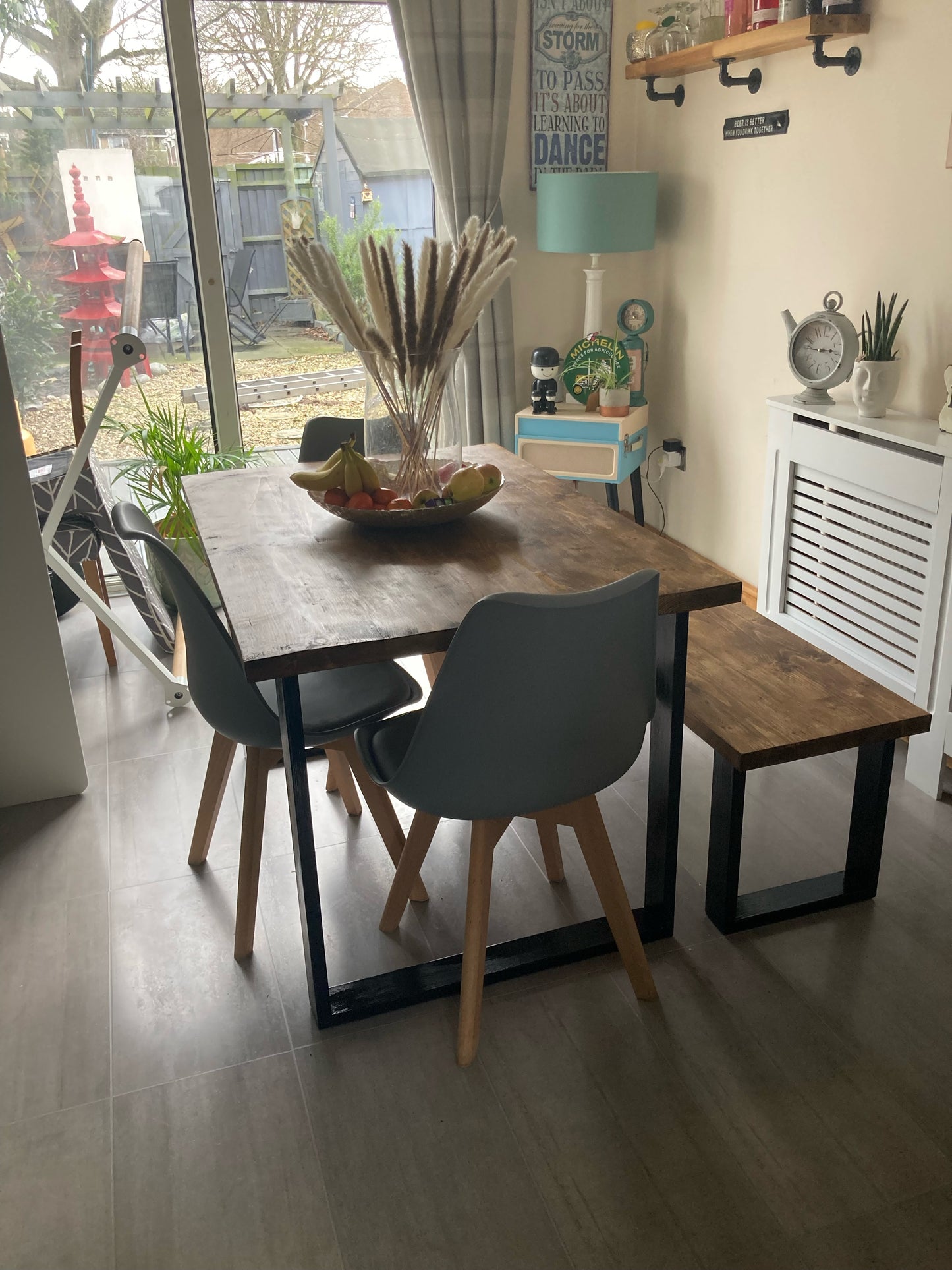 Dinning Table and Bench with industrial metal legs